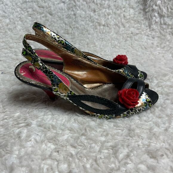 Poetic Licence License Tea Party Leopard Red Rose Peep Toe Heels Size 8 - Picture 1 of 8